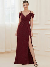Load image into Gallery viewer, Color=Burgundy | Deep V Neck Wholesale Long Evening Dresses with Split-Burgundy 4
