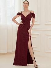 Load image into Gallery viewer, Color=Burgundy | Deep V Neck Wholesale Long Evening Dresses with Split-Burgundy 1