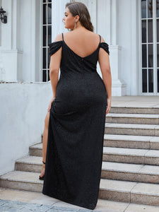 Color=Black | Deep V Neck Plus Size Wholesale Long Evening Dresses with Split-Black 2