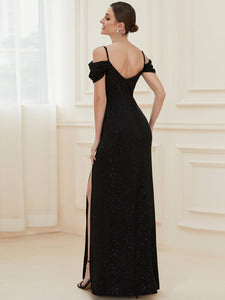 Color=Black | Deep V Neck Wholesale Long Evening Dresses with Split-Black 2