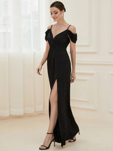 Load image into Gallery viewer, Color=Black | Deep V Neck Wholesale Long Evening Dresses with Split-Black 3