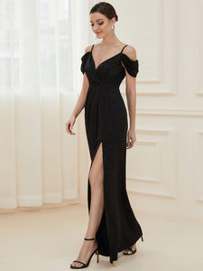 Color=Black | Deep V Neck Wholesale Long Evening Dresses with Split-Black 3