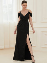 Load image into Gallery viewer, Color=Black | Deep V Neck Wholesale Long Evening Dresses with Split-Black 4