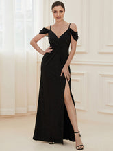 Load image into Gallery viewer, Color=Black | Deep V Neck Wholesale Long Evening Dresses with Split-Black 1