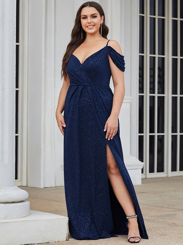 Color=Navy Blue | Deep V Neck Plus Size Wholesale Long Evening Dresses with Split-Navy Blue 1
