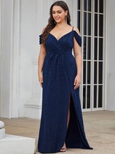 Load image into Gallery viewer, Color=Navy Blue | Deep V Neck Plus Size Wholesale Long Evening Dresses with Split-Navy Blue 3