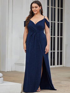 Color=Navy Blue | Deep V Neck Plus Size Wholesale Long Evening Dresses with Split-Navy Blue 3