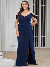 Load image into Gallery viewer, Color=Navy Blue | Deep V Neck Plus Size Wholesale Long Evening Dresses with Split-Navy Blue 4