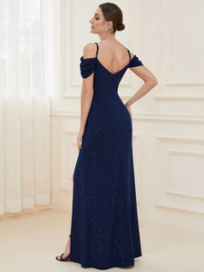 Color=Navy Blue | Deep V Neck Wholesale Long Evening Dresses with Split-Navy Blue 2