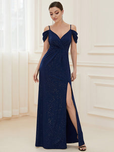 Color=Navy Blue | Deep V Neck Wholesale Long Evening Dresses with Split-Navy Blue 4