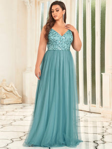 Color=Dusty blue | Plus Size Adorable A Line Floor Length Wholesale Dress-Dusty blue 4
