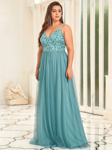 Color=Dusty blue | Plus Size Adorable A Line Floor Length Wholesale Dress-Dusty blue 1