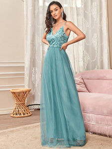 Color=Dusty blue | Adorable A Line Silhouette Floor Length Wholesale Evening Dress-Dusty blue 3