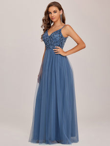 Color=Dusty Navy | Adorable A Line Silhouette Floor Length Wholesale Evening Dress-Dusty Navy 8