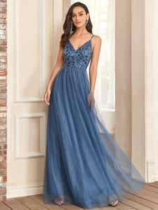 Color=Dusty Navy | Adorable A Line Silhouette Floor Length Wholesale Evening Dress-Dusty Navy 3