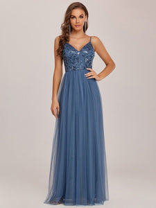 Color=Dusty Navy | Adorable A Line Silhouette Floor Length Wholesale Evening Dress-Dusty Navy 5