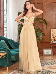 Color=Gold | Adorable A Line Silhouette Floor Length Wholesale Evening Dress-Gold 3