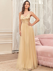 Color=Gold | Adorable A Line Silhouette Floor Length Wholesale Evening Dress-Gold 1