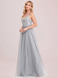 Color=Grey | Adorable A Line Silhouette Floor Length Wholesale Evening Dress-Grey 7