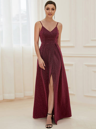 Color=Burgundy | Deep V Neck Spaghetti Straps A Line Wholesale Evening Dresses-Burgundy 1