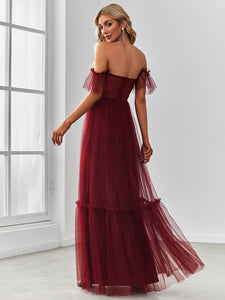 Color=Burgundy | Strapless A Line Ruffles Sleeves Wholesale Evening Dresses-Burgundy 2
