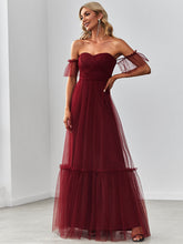 Load image into Gallery viewer, Color=Burgundy | Strapless A Line Ruffles Sleeves Wholesale Evening Dresses-Burgundy 4