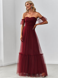 Color=Burgundy | Strapless A Line Ruffles Sleeves Wholesale Evening Dresses-Burgundy 4