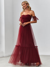 Load image into Gallery viewer, Color=Burgundy | Strapless A Line Ruffles Sleeves Wholesale Evening Dresses-Burgundy 1