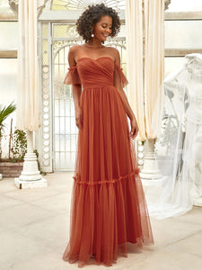 Color=Burnt orange | Strapless A Line Ruffles Sleeves Wholesale Evening Dresses-Burnt orange 8