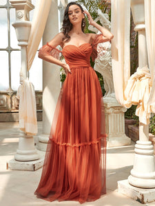 Color=Burnt orange | Strapless A Line Ruffles Sleeves Wholesale Evening Dresses-Burnt orange 7