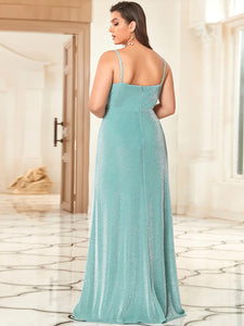Color=Dusty blue | Plus Size Deep V Neck Floor Length Split Wholesale Evening Dresses-Dusty blue  2