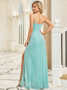 Color=Dusty blue | Deep V Neck Floor Length Split Wholesale Evening Dresses-Dusty blue 2