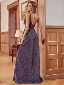 Color=Dark Purple | Deep V Neck A Line Floor Length Wholesale Evening Dresses-Dark Purple 2