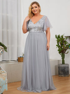 Color=Grey | Short Ruffles Sleeves Deep V-Neck Wholesale Evening Dresses-Grey 1