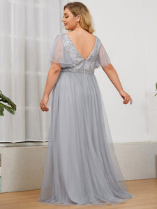 Color=Grey | Short Ruffles Sleeves Deep V-Neck Wholesale Evening Dresses-Grey 4