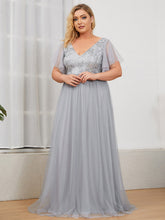 Load image into Gallery viewer, Color=Grey | Short Ruffles Sleeves Deep V-Neck Wholesale Evening Dresses-Grey 2