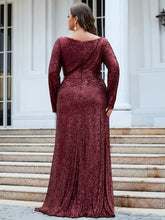 Load image into Gallery viewer, Color=Burgundy | Deep V Neck Long Sleeves Split Wholesale Evening Dresses Gowns-Burgundy 2