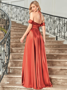 Color=Burnt Orange | Off Shoulder A Line Floor Length Wholesale Evening Dresses-Burnt Orange 2
