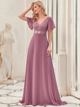 Load image into Gallery viewer, Color=Orchid | Deep V Neck Short Sleeves A Line Wholesale Evening Dresses-Orchid 2