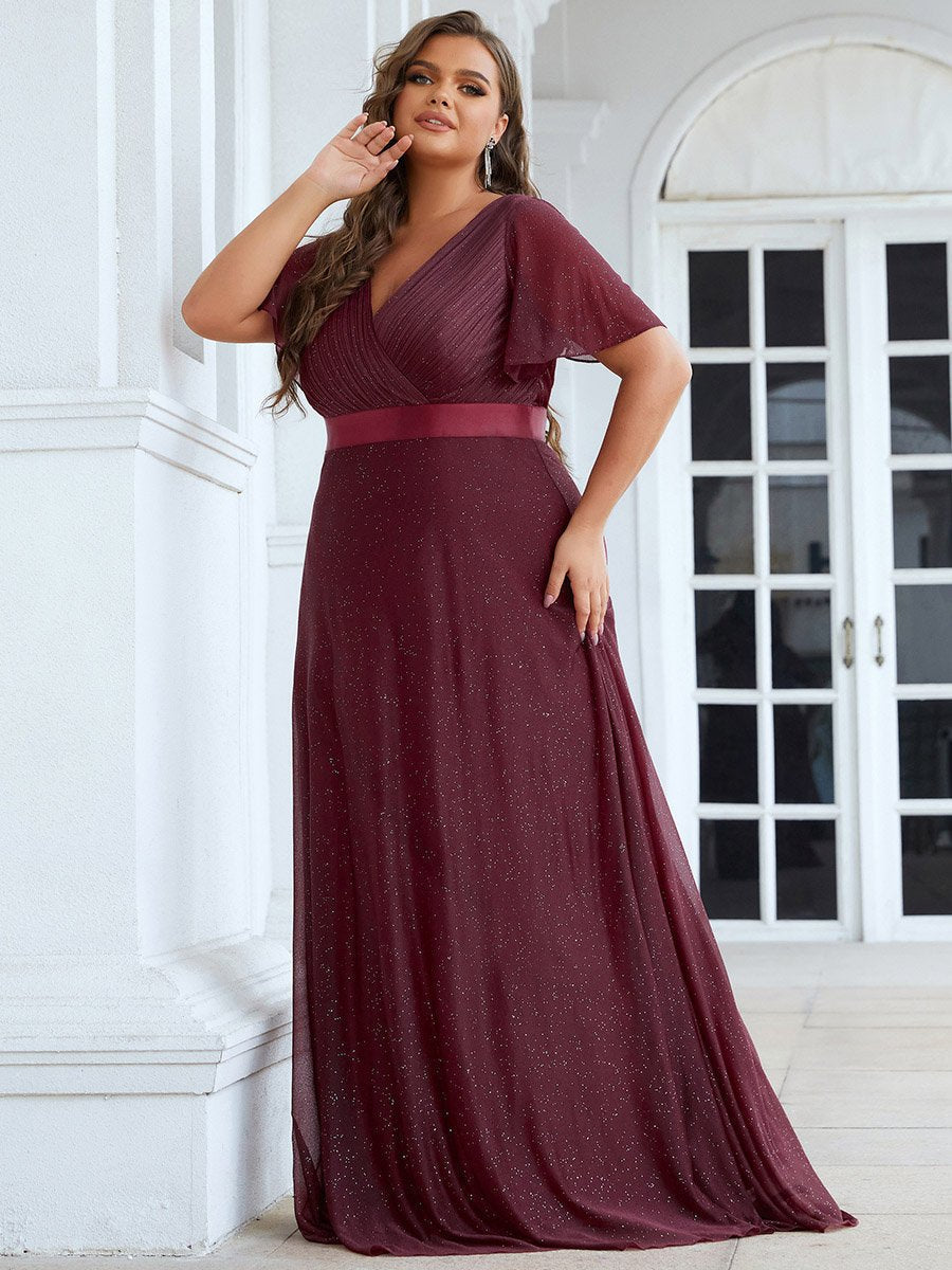 Color=Burgundy |Plus Size Deep V Neck Ruffles Sleeve A Line Wholesale Evening Dresses-Burgundy 1