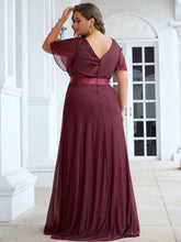 Load image into Gallery viewer, Color=Burgundy |Plus Size Deep V Neck Ruffles Sleeve A Line Wholesale Evening Dresses-Burgundy 2