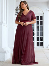 Load image into Gallery viewer, Color=Burgundy |Plus Size Deep V Neck Ruffles Sleeve A Line Wholesale Evening Dresses-Burgundy 3