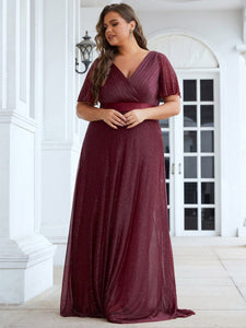 Color=Burgundy |Plus Size Deep V Neck Ruffles Sleeve A Line Wholesale Evening Dresses-Burgundy 3