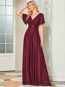 Color=Burgundy | Deep V Neck Ruffles Sleeve A Line Wholesale Evening Dresses-Burgundy 4