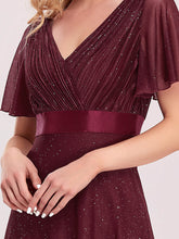 Load image into Gallery viewer, Color=Burgundy | Deep V Neck Ruffles Sleeve A Line Wholesale Evening Dresses-Burgundy 5