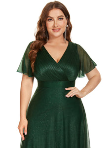 Color=Dark Green |Plus Size Deep V Neck Ruffles Sleeve A Line Wholesale Evening Dresses-Dark Green 5