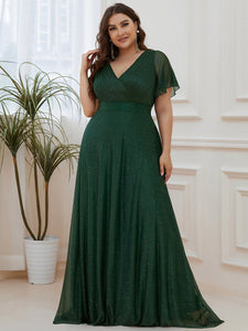 Color=Dark Green |Plus Size Deep V Neck Ruffles Sleeve A Line Wholesale Evening Dresses-Dark Green 1