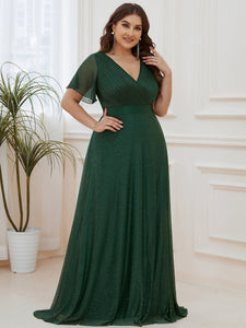 Color=Dark Green |Plus Size Deep V Neck Ruffles Sleeve A Line Wholesale Evening Dresses-Dark Green 3