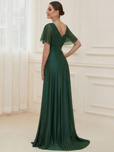 Color=Dark Green | Deep V Neck Ruffles Sleeve A Line Wholesale Evening Dresses-Dark Green 2