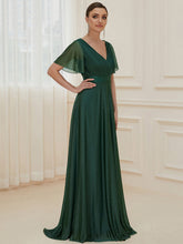 Load image into Gallery viewer, Color=Dark Green | Deep V Neck Ruffles Sleeve A Line Wholesale Evening Dresses-Dark Green 3